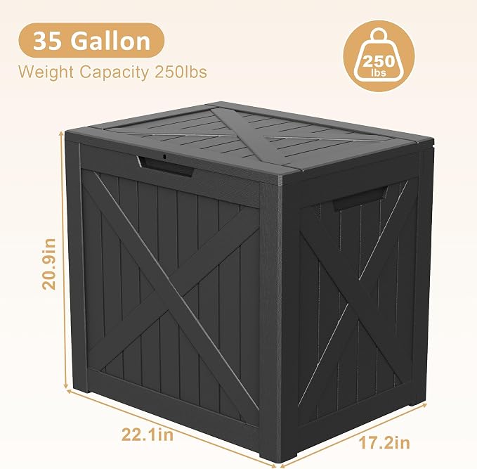 35 Gallon Resin Deck Box Outdoor, Waterproof Lockable Delivery Storage Box, Storage Bins Container for Toy Patio Cushions Garden Tools, Black