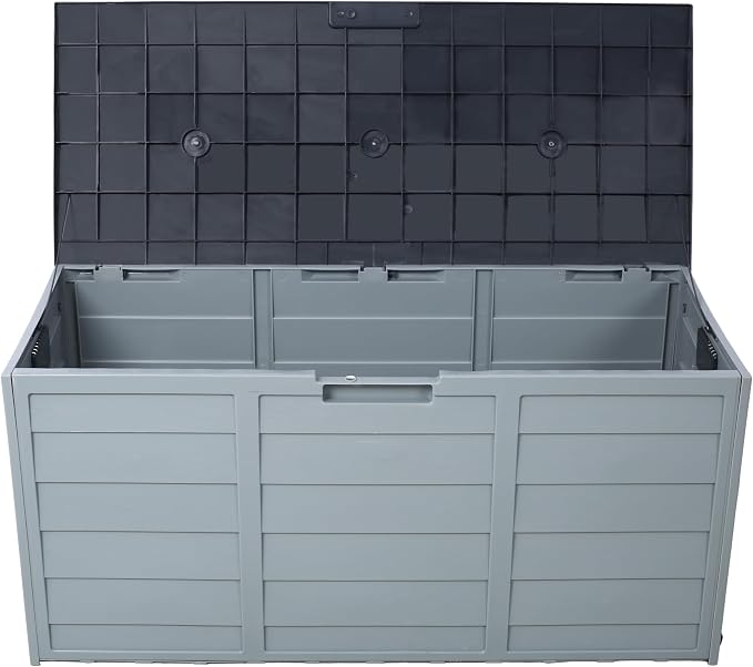 Outdoor Deck Box, Gray Plastic, 75 Gallon, 44x19.25x21.25 Inch, with Wheels and Side Handles, Patio Storage