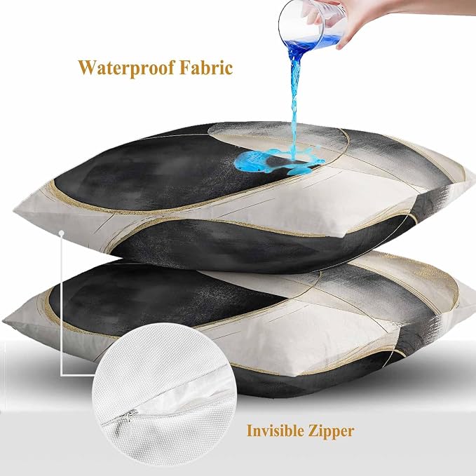 Abstract Art Outdoor Waterproof Throw Pillow Covers Set of 2, 16"x16", Mottled Geometric Moon Black Gold Circle Striped Decorative Pillow Covers Outside Cushion Case for Patio Porch Garden