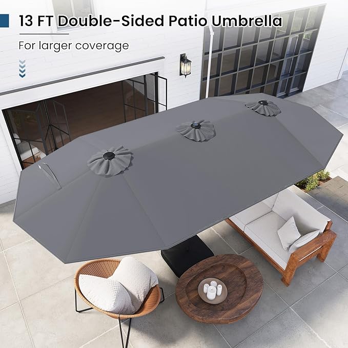 Tangkula 13FT Double-Sided Solar Patio Umbrella, Extra-Large Outdoor Twin Umbrella with 36 LED Lights, Vented Top, Crank Handle, 12 Ribs, Weighted Base Included for Backyard Poolside Deck (Gray)