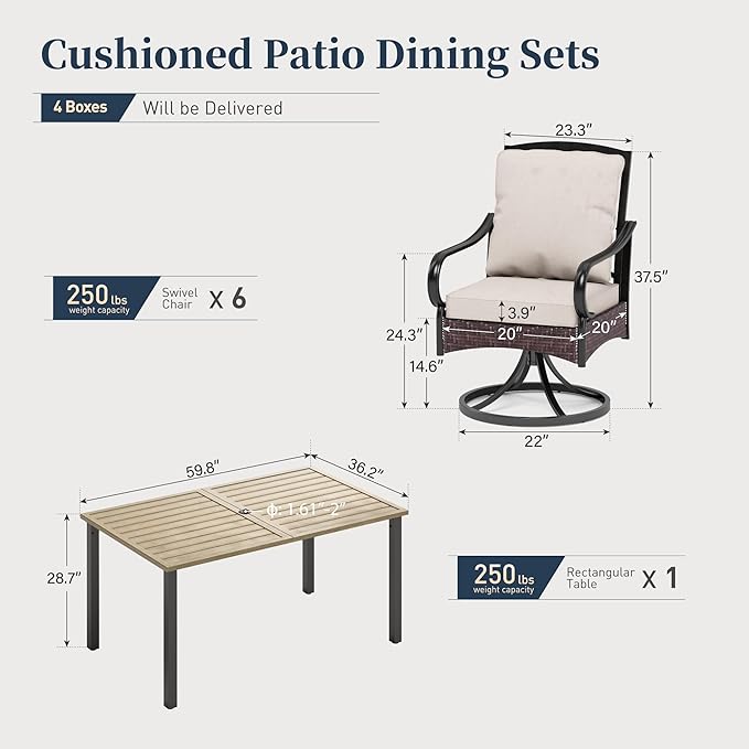 SUNSHINE VALLEY 7 Piece Patio Dining Sets for 6, Outdoor Table and Chairs with Cushioned Wicker Swivel Patio Chairs & Wood-Like Dining Table (1.61-2”Umbrella Hole), Outdoor Dining Sets for Backyard