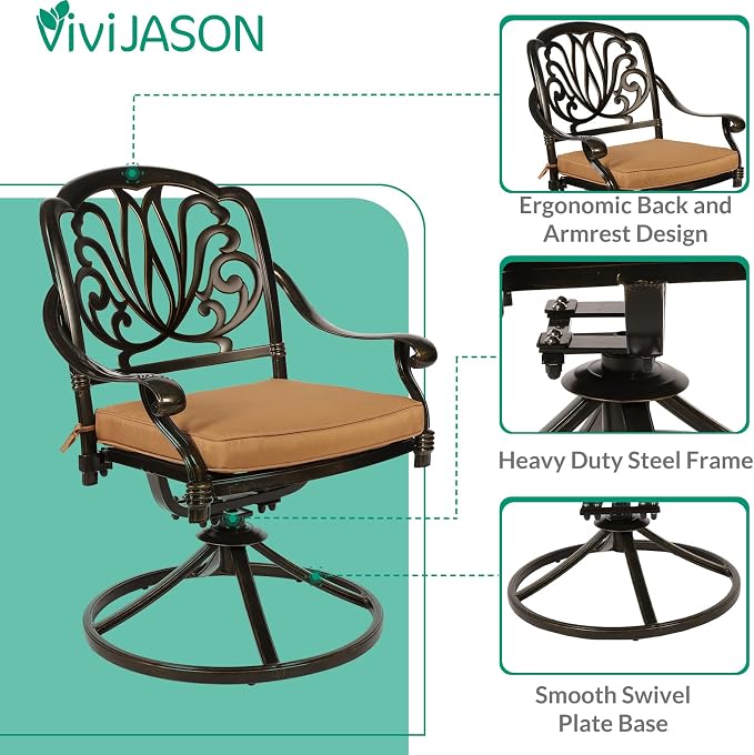 VIVIJASON 9-Piece Outdoor Dining Set, Cast Aluminum Retro Patio Furniture Table and Chairs Set for 8, Include 94.5" Rectangular Table and 8 Swivel Rocker Chairs with Umbrella Hole, Khaki Cushion
