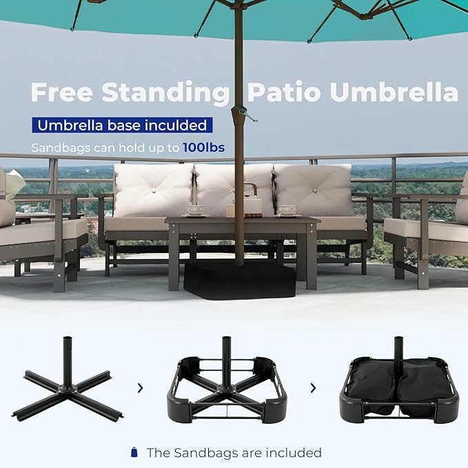 BRIOPAWS 15-FT-Large-Patio-Umbrella-with-Base | Double-Sided | Outdoor Table Umbrellas | w/Crank Handle | 12 Sturdy Fiberglass Rib | UV-Protection | for Garden Deck Backyard Pool | Peacock Blue