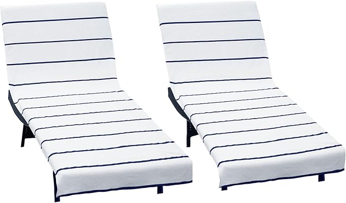 COTTON CRAFT Pool Lounge Chair Cover - 2 Pack Terry Towel Chaise Lounge Cover - Soft Cotton Absorbent Striped Towel Beach Chair Cover - Oversized 32 in W x 82 in Length x 7 in Pocket – White Blue