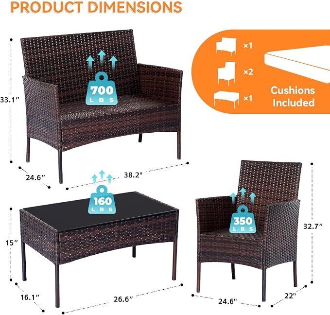 Patio Furniture Set, Outdoor Furniture Set 4 Pieces Patio Conversation Set PE Rattan Chair with Cushion Tempered Glass Table Garden Balcony Sets for Yard Pool Backyard Brown/Blue