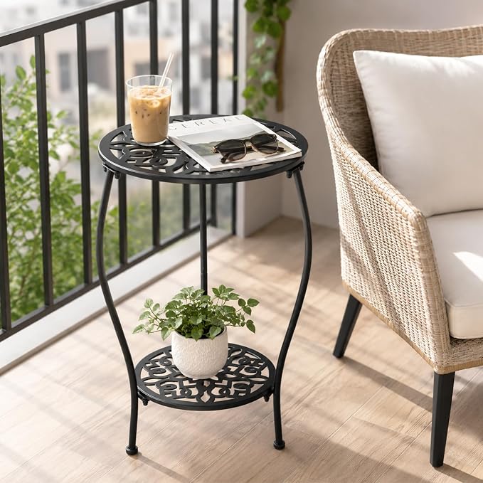 2-Pack 13" 2-tiered Metal Round Side Tables Small Black Outside End Table for Patio Round Accent Garden Corner Stand for Small Spaces Weather-resistant Outdoor Coffee Table for Balcony, Black