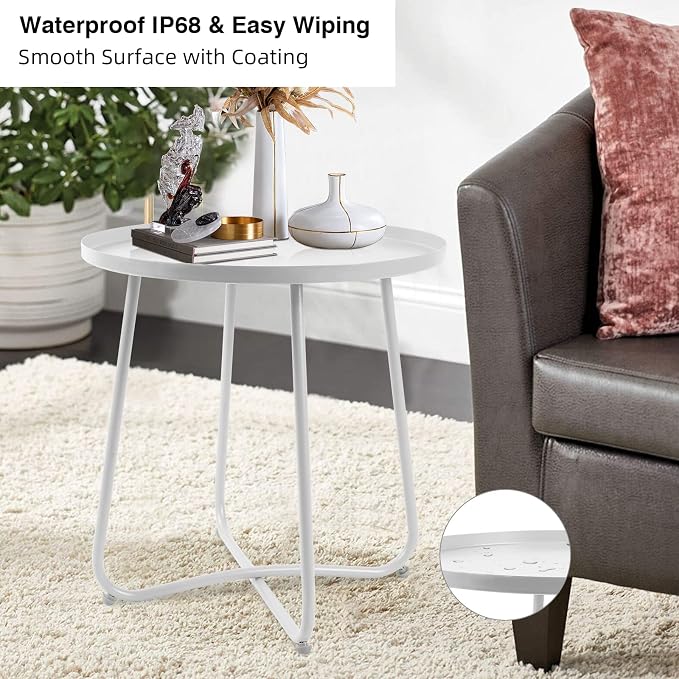 Babion White Outdoor Side Table, Small Round Patio Accent Table for Yard Garden, Indoor & Outdoor