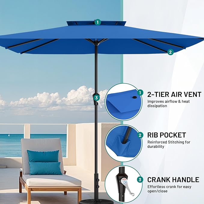 AreShark 8'x10' 2 Tiers Rectangular Patio Umbrella - Outdoor Umbrella Waterproof UV Protection, Market Table Umbrella w/Crank for Pool, Backyard, Deck(Royal Blue)