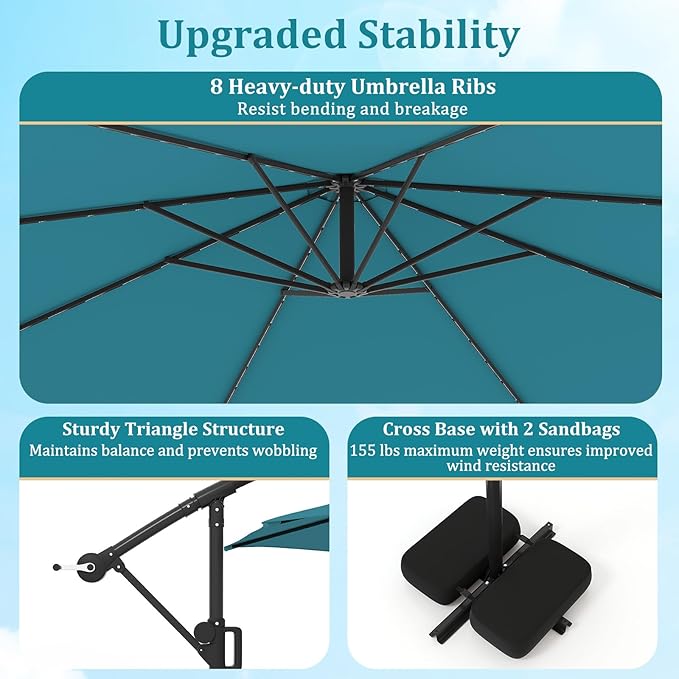HAPPYGRILL 10 FT Offset Hanging Umbrella with Multi-Colored Flowing LED Lights, 9 Light Modes, Outdoor Patio Cantilever Umbrella with Base, Easy Tilt, 360° Rotation, Crank