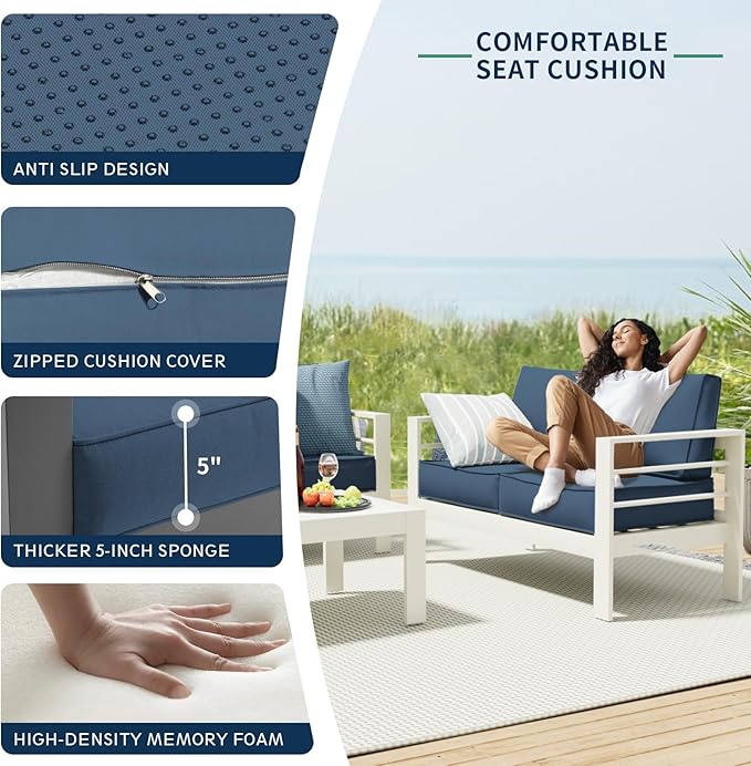 Amopatio Patio Furniture with Fire Pit, 8 Pcs Aluminum Outdoor Metal Patio Sofa Set with Aluminum Fire Pit Table,White&Blue(Included Waterproof Covers)