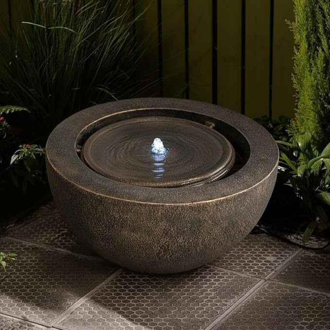 XBrand 19.8" W Round Sphere Water Fountain Indoor Outdoor with LED Light, Polyresin Bubbler Feature for Patio Garden Yard Home Décor, Bronze