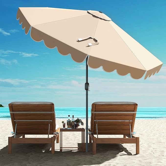 HAPPYGRILL 10 FT Patio Umbrella, Market Table Umbrella w/Crank, Push Button Tilt, Ruffled Edges, Vented Top & 8 Ribs, Outdoor Sun Shade for Poolside Backyard Beach