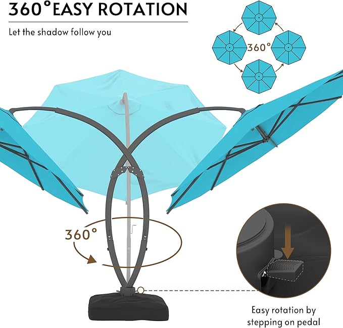 11FT Cantilever Patio Umbrella with Base Included, Large Cantilever umbrella with 360°Rotation, Heavy-Duty Offset Outdoor Umbrella for Patio,Pool,Garden and Backyard (Turquoise)