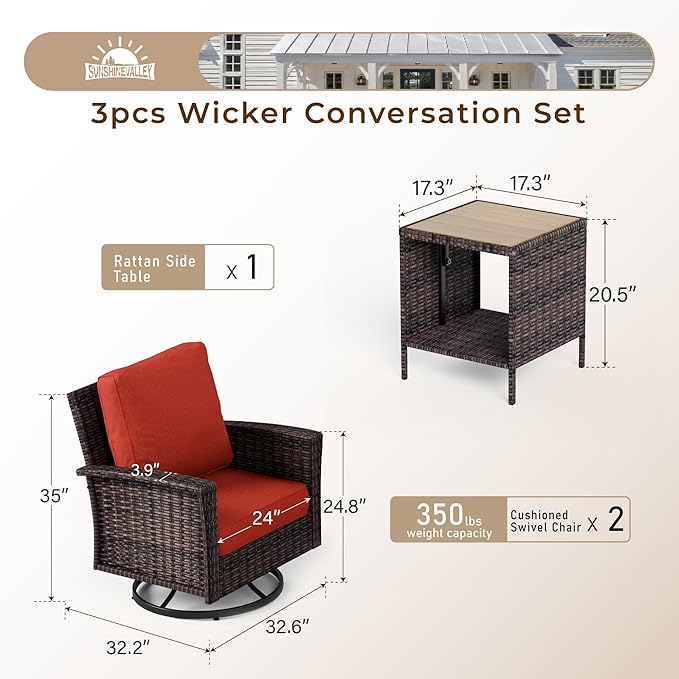 Patio Wicker Swivel Chairs Set of 2, Outdoor High Back Chairs with 5.5" Waterproof Cushions and Side Table, Outdoor Furniture Set for Deck Porch and Yard, Red