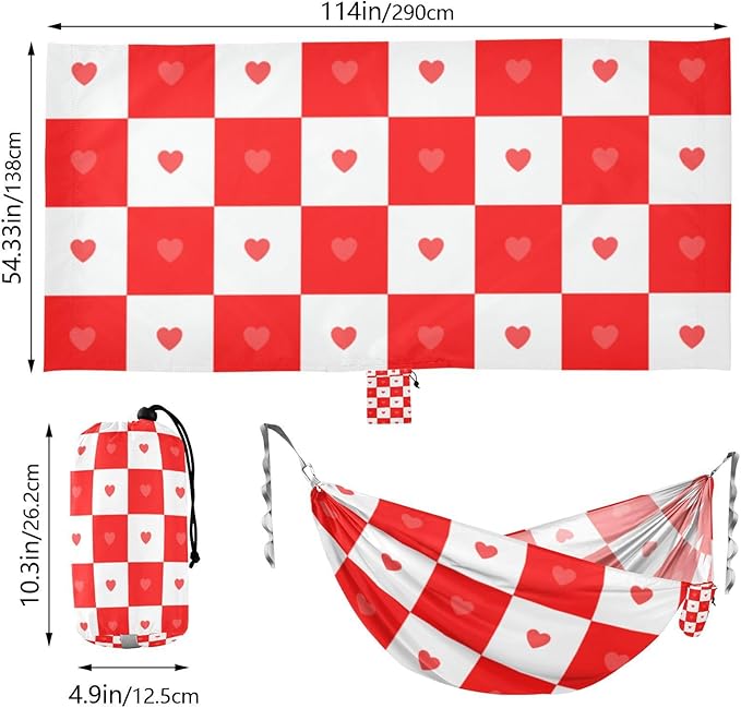 Buffalo Plaid Check Red White Heart 330lb Capacity Outdoor Hammocks with Hanging Rope Portable Hammock for Outside Patio Backyard Poolside Base de hamaca para adultos