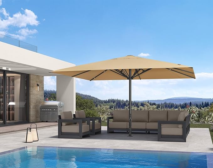 PURPLE LEAF 15' x 11' Rectangular Semi-Auto Outdoor Patio Umbrella Aluminium Market Umbrella Table Sun Umbrella with 3.15" Rod and 8 Sturdy Ribs for Deck Lawn Pool Garden, Beige