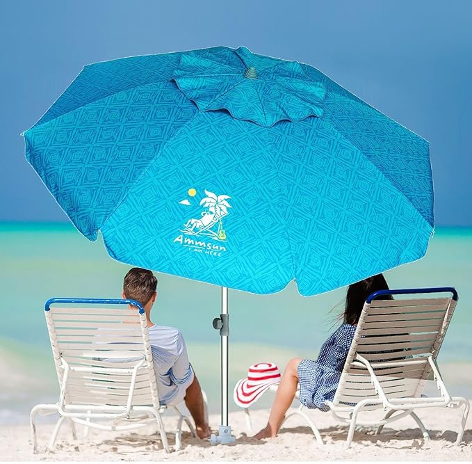 AMMSUN 7ft Heavy Duty High Wind Beach Umbrella with Sand Anchor & Tilt Sun Shelter UV 50+ Protection Outdoor Sunshade Umbrellas Carry Bag for Patio Garden Pool Backyard Teal