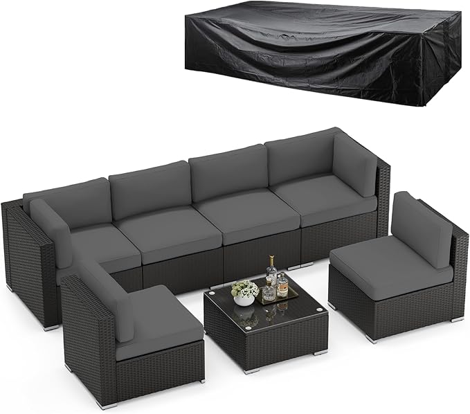 SUNCROWN 7-Piece Outdoor Patio Furniture Sofa Set All-Weather Wicker Sectional Conversation Set with Modern Glass Coffee Table, Cushions and Waterproof Cover,Dark Grey