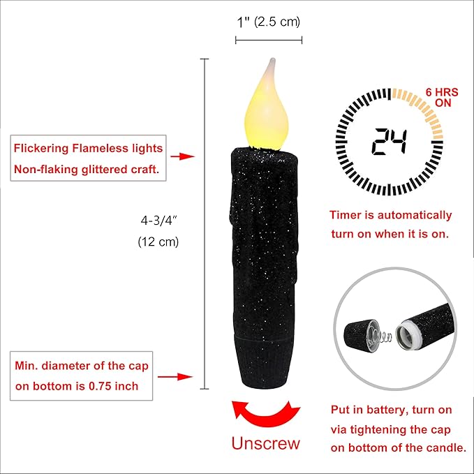 CVHOMEDECO. Glitter Flameless Candles Flickering Battery Operated LED Taper Candles with Timer for Home, Wedding, Halloween, Christmas Decor. Black, 4-3/4 Inch, Set of 2