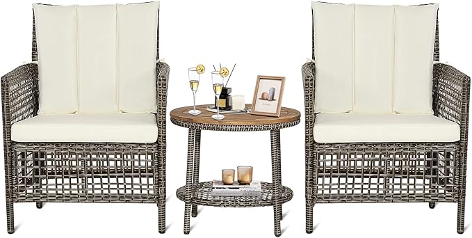 Tangkula 3 Piece Patio Conversation Set, Outdoor Rattan Chair Set W/ 2-Tier Coffee Table, Acacia Wood Tabletop, Cozy Seat & Back Cushions, Wicker Sofa Set for Backyard Poolside Front Porch (Off White)