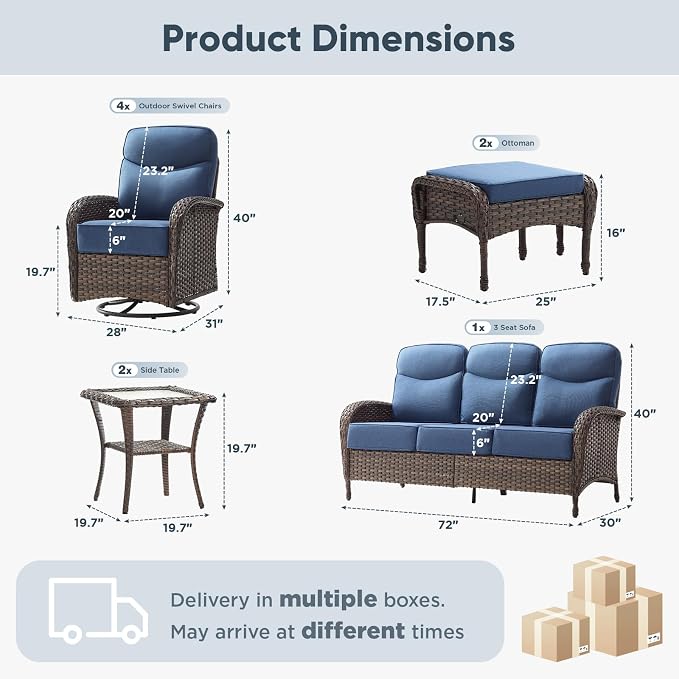 9-Piece Patio Furniture Set with Upgraded 6" Thick Cushion - High Back Outdoor Swivel Rocker Chairs Set of 2 with 3-Seater Sofa,Ottomans,Wicker Outdoor Conversation Set for Deck, Porch, Yard, Poolside
