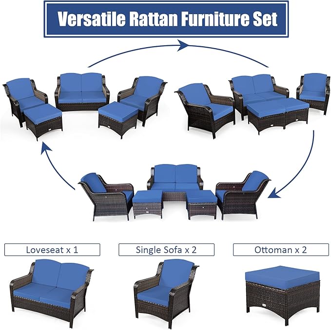 Tangkula 5 Pieces Patio Furniture Set, Outdoor Rattan Conversation Sofa Set with Loveseat, Single Sofas and Ottoman, Sectional Sofa Set with Removable Cushions for Porch, Backyard, Balcony, Lawn