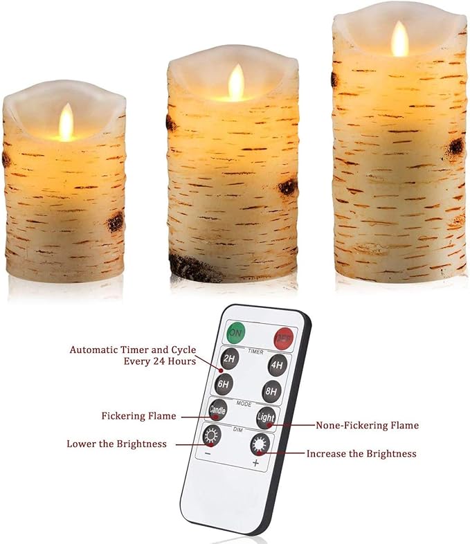 AKU TONPA Birch Bark Effect Flameless Candles Battery Operated Pillar Real Wax Flickering Electric LED Candle Sets with Remote Control Cycling 24 Hours Timer, 4" 5" 6" Pack of 3