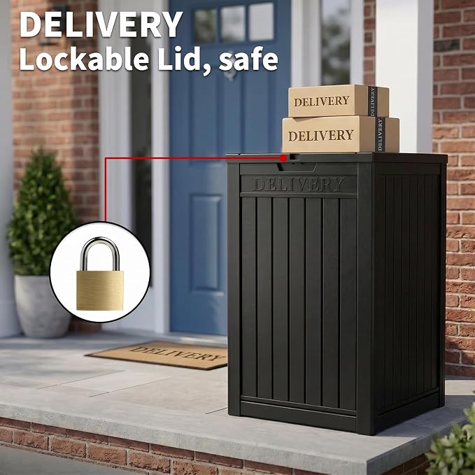 Package Delivery Box, Lockable Resin Outdoor Package, Waterproof Deck Box for Porches, Patios, Indoor & Outdoor Use (57 Gallon, Black)