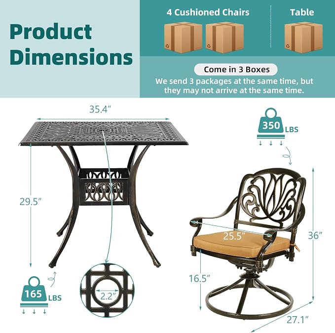 MEETWARM 5-Piece Outdoor Patio Dining Set, All-Weather Cast Aluminum Patio Conversation Set for Backyard Garden Deck with 4 Cushions Swivel Rocker Chairs and 35.4" Square Table, 2.2" Umbrella Hole