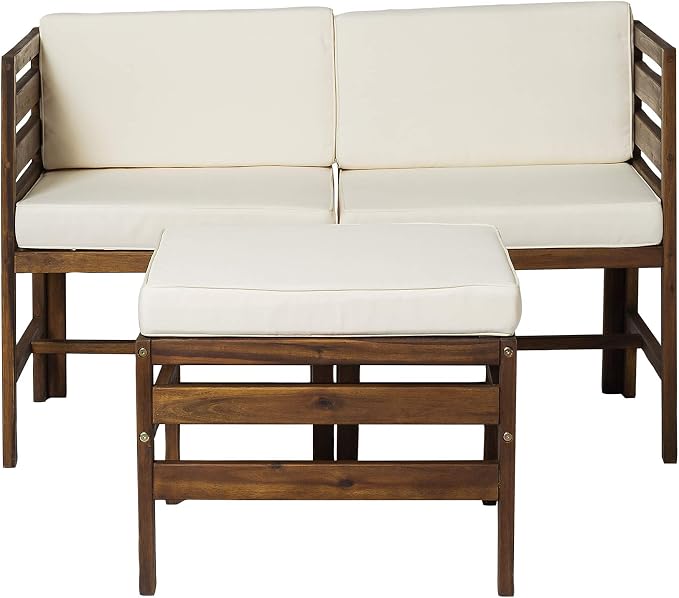 Walker Edison Ravello Contemporary 3 Piece Acacia Wood Outdoor Modular Chat Set with Cushions, Set of 3, Dark Brown
