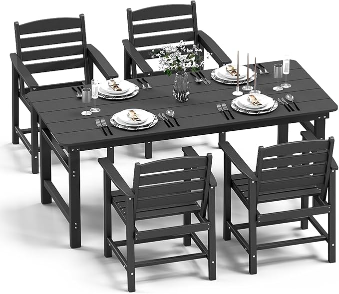 FOOWIN Outdoor Table and Chairs Set 5-Piece HDPE All Weather Patio Dining Set with Umbrella Hole,Outdoor Patio Furniture Dining Set for 4,Patio Kitchen Table Set for Garden,Backyard,Poolside Black