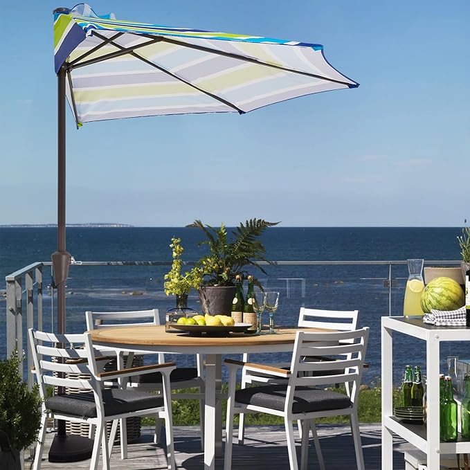 JEAREY 9ft Half Umbrella Outdoor Patio Umbrella Market Umbrellas with Crank, 1/2 Round Wall Umbrella 5 Sturdy Ribs UV Protection for Pool Garden Balcony Deck, Blue & Green Strip