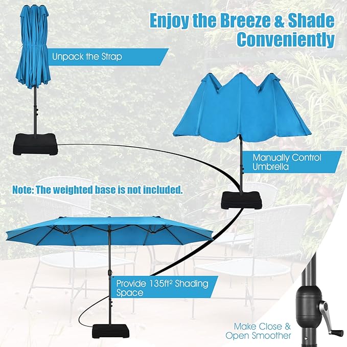 Tangkula 15Ft Double-Sided Patio Umbrella, Outdoor Extra Large Umbrella W/Hand-Crank System & Air Vents, Market Twin Umbrella W/ 12-Rib Sturdy Metal Frame for Poolside, Garden Backyard (Blue)