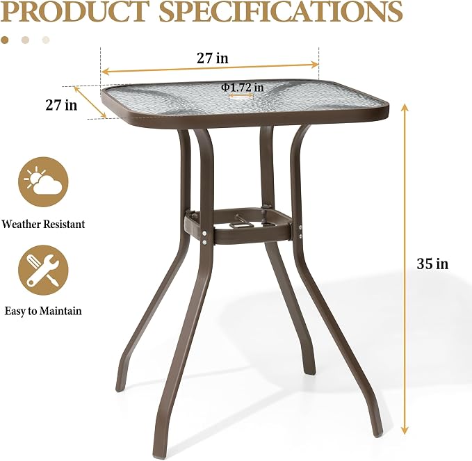 Crestlive Products Outdoor Bar Table with Umbrella Hole, Patio Dining Bistro Table with Aluminum Frame Tempered Glass Top, Outside Banquet Furniture for Garden, Pool, Deck, Lawn (Brown)