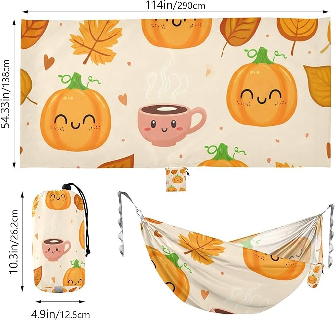FRMG Thanksgiving Autumn Fall Pumpkin Coffee Leaves Yellow Hammock 500 lbs Capacity Portable Hammocks with Tree Straps & Attached Carry Bag, Camping Essentials Gear, A2304600a