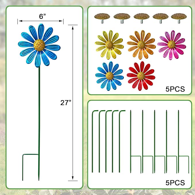 Metal Colorful Daisy Wind Spinners,5 Pack Flower Outdoor Yard Garden Stakes | Metal Wind Spinner Yard Stake,Garden Decorations for Patio and Lawn