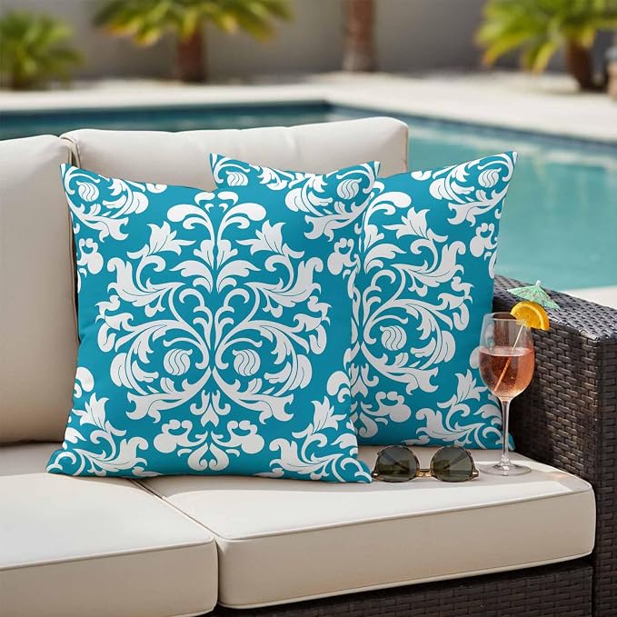 Outdoor Pillow Covers Set of 2, Abstract Minimalist Boho Blue Flower Decorative Throw Pillow Covers 16X16IN, Aesthetic Art Throw Pillows Protector Cushion Case for Patio,Couch,Sofa,Garden