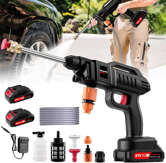 21V Cordless Pressure Washer with 2*2000mAh Battery, 1500W Portable Pressure Washer, High Jet Washer Kit with 2 Nozzles(0°,40°), 16.4FT Hose, Connector, Foam Bottle Pressure Cleaner for Car