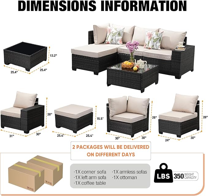 5 Pieces Patio Furniture Set, Wicker Outdoor Sectional Sofa with Cushion & Coffee Table, Wider Armrest Patio Conversation Sofa for Party, Garden, Sunroom, Beige
