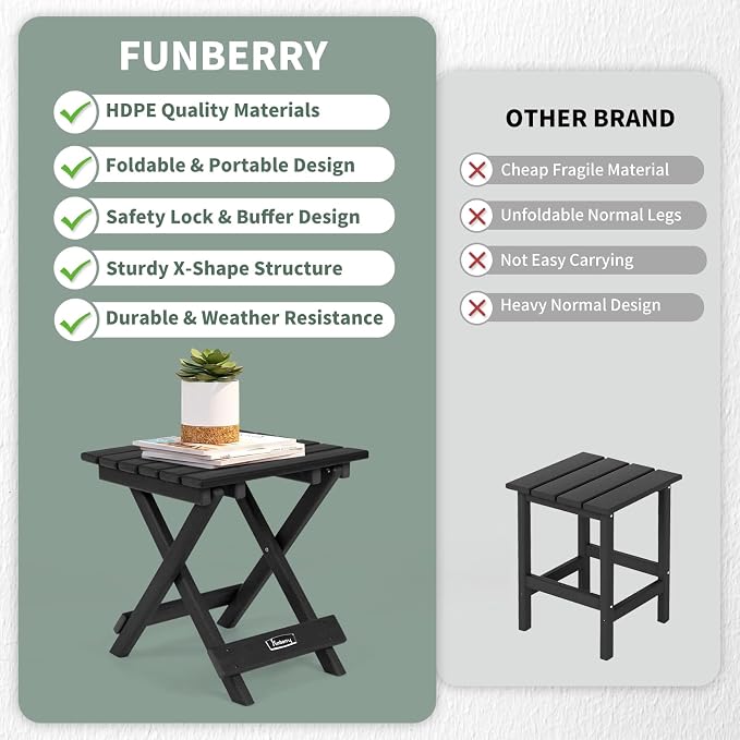 FUNBERRY Outdoor Folding Adirondack Side Table, Patio End Table | No Assembly, Portable, HDPE All Weather, No Rot, No Rust, No Crack, Save Space, Easy-Clean for Indoor or Outdoor