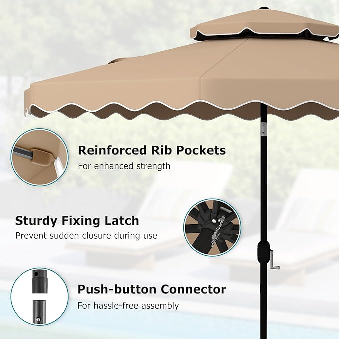 Happygrill 9 FT Patio Umbrella, Scalloped Outdoor Table Market Umbrella with Push Button Tilt & Crank, 2-Tier Vented Top, Heavy-Duty 8 Metal Ribs, Sun-Protective Canopy, Ruffle for Deck Pool Garden (Brown)