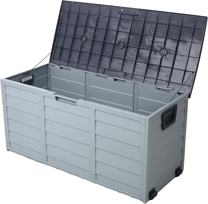75 Gallon Deck Box, All Weather UV Pool Deck Box, Lockable Patio Storage Box for Backyard Patio Outdoor w/Wheel, Waterproof Outside Storage Box for Patio Furniture Outdoor Cushions