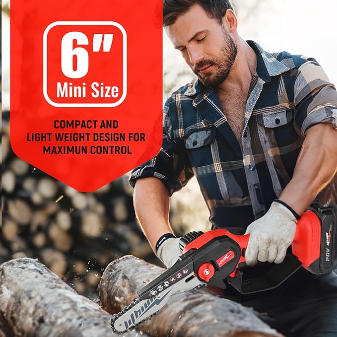 Mini cordless chainsaw, 6-inch portable electric chainsaw, small handheld battery powered chainsaw for wood cutting, tree trimming, and yard work