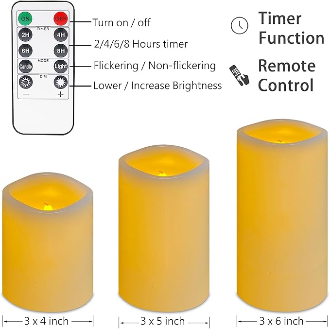 VIEWELLD Flameless Candles, LED Candles, Battery Operated Candles with Remote and Timers, Electric Pillar Candles Real Wax, D3 x H 4" 5" 6"（Ivory） ﻿ ﻿