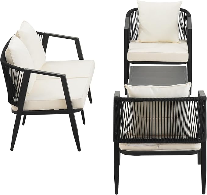 Montary 4-Piece Outdoor Patio Furniture Set, U-Shaped Iron-Frame Conversation Set with Weather-Resistant Cushions & Metal Coffee Table - Durable for Garden, Backyard, Balcony, Poolside (Black)