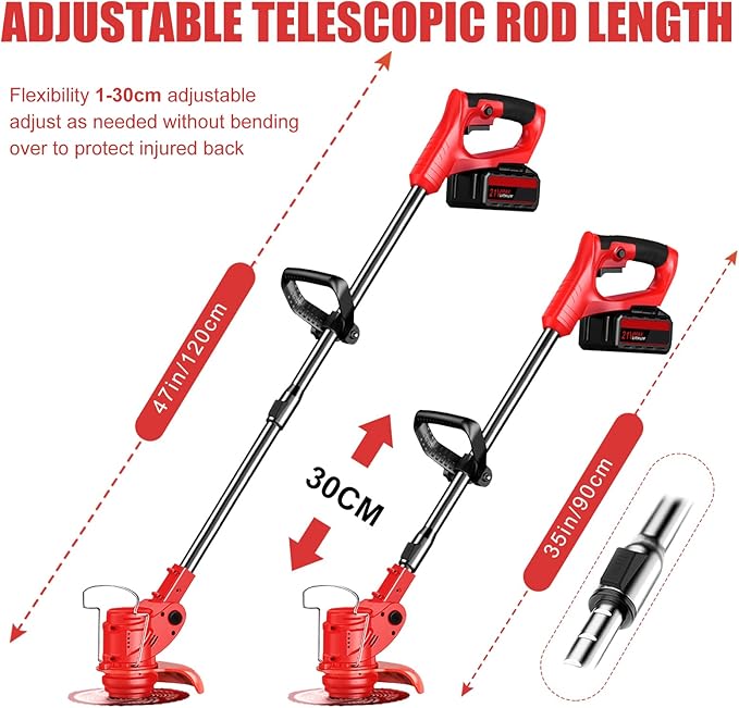 Electric Weed Wacker 21V Brush Cutters Battery Powered 3 in 1 Lightweight Weed Wacker Eater with Blade Adjustable Pole Cordless Grass Trimmer with 2 * 2.0Ah Batteries and Charger for Garden Yard Red