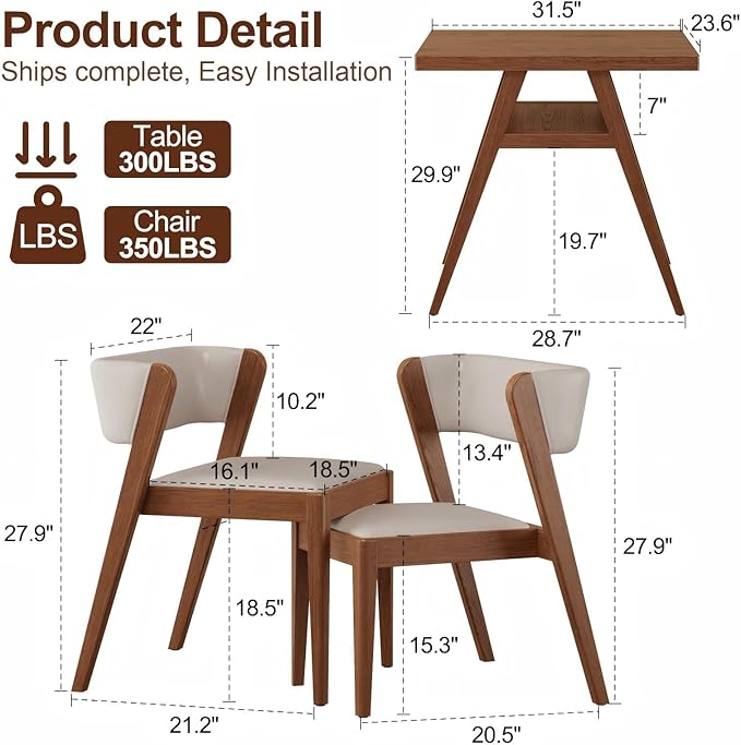 AnywaysWood Solid Wood Outdoor Patio Dining Table Set,3 PCS Bistro Dining Table Set of 2 with upholstered Chairs Patio Conversation Set Stackable Chair and Table Design for Lawn,Deck,Backyard,Walnut