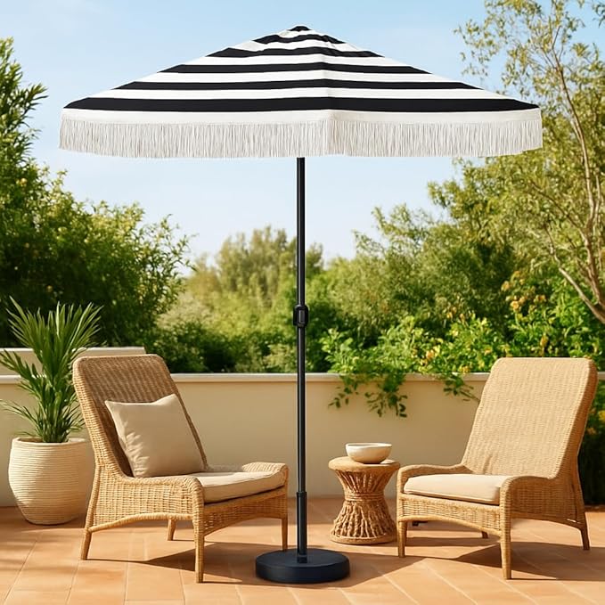 6 Ft Fringe Patio Umbrella - Outdoor Umbrella for Patio, Pool, Table, Garden, & Deck, Push Button Tilt Pole - Fashionable Vintage Tassels - White