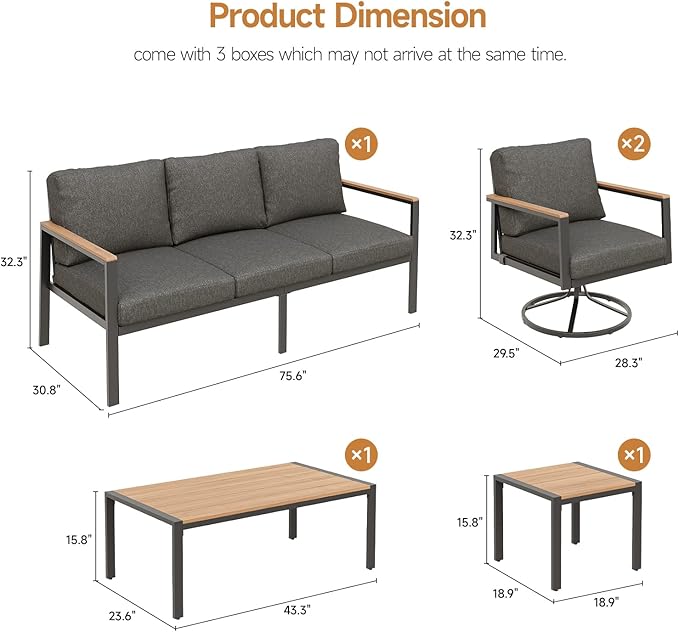 Patio Conversation Set, 5 Pcs Outdoor Furniture with 3-Seater Sofa, 2 Single Rotate 360° Chairs, Coffee Table and End Table, 5 Seats Couch with Washable Thick Cushions for Backyard Porch Balcony