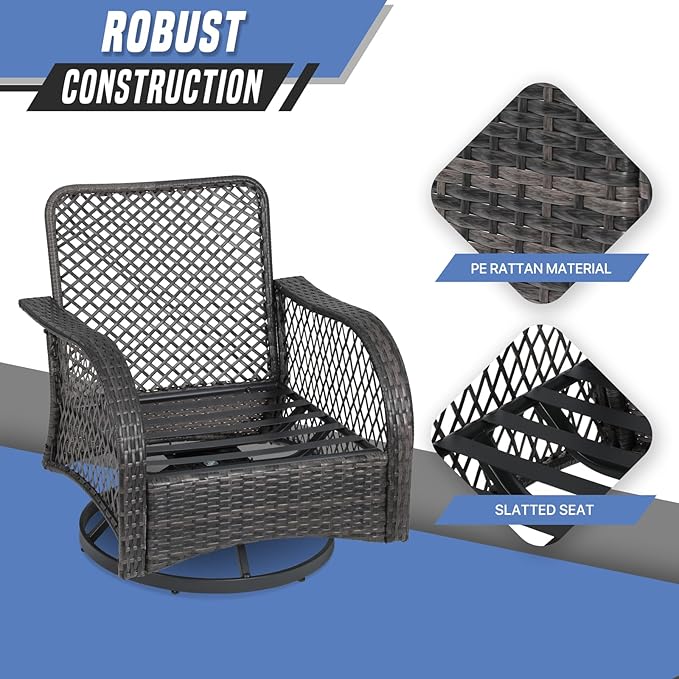 3-Piece Outdoor Patio Swivel Furniture Set, PE Rattan Patio Conversation Set with Tempered Glass Side Table for Home, Yard, Poolside